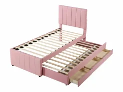 Clearance Cama nido 90x200cm+90x190cm, cama con ruedas con 3 cajones, cama tapizada en lino, para niños y jóvenes, color Rosa