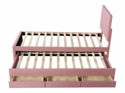 Clearance Cama nido 90x200cm+90x190cm, cama con ruedas con 3 cajones, cama tapizada en lino, para niños y jóvenes, color Rosa