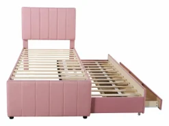 Clearance Cama nido 90x200cm+90x190cm, cama con ruedas con 3 cajones, cama tapizada en lino, para niños y jóvenes, color Rosa