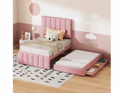 Clearance Cama nido 90x200cm+90x190cm, cama con ruedas con 3 cajones, cama tapizada en lino, para niños y jóvenes, color Rosa