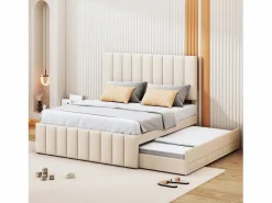 Hot Cama nido 140x200cm+90x190cm, cama con ruedas con 3 cajones, cama tapizada de lino, para niños y jóvenes, Cama Diván