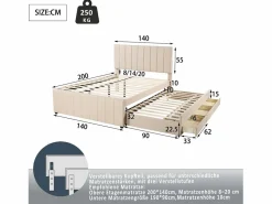 Hot Cama nido 140x200cm+90x190cm, cama con ruedas con 3 cajones, cama tapizada de lino, para niños y jóvenes, Cama Diván