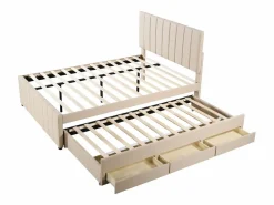 Hot Cama nido 140x200cm+90x190cm, cama con ruedas con 3 cajones, cama tapizada de lino, para niños y jóvenes, Cama Diván