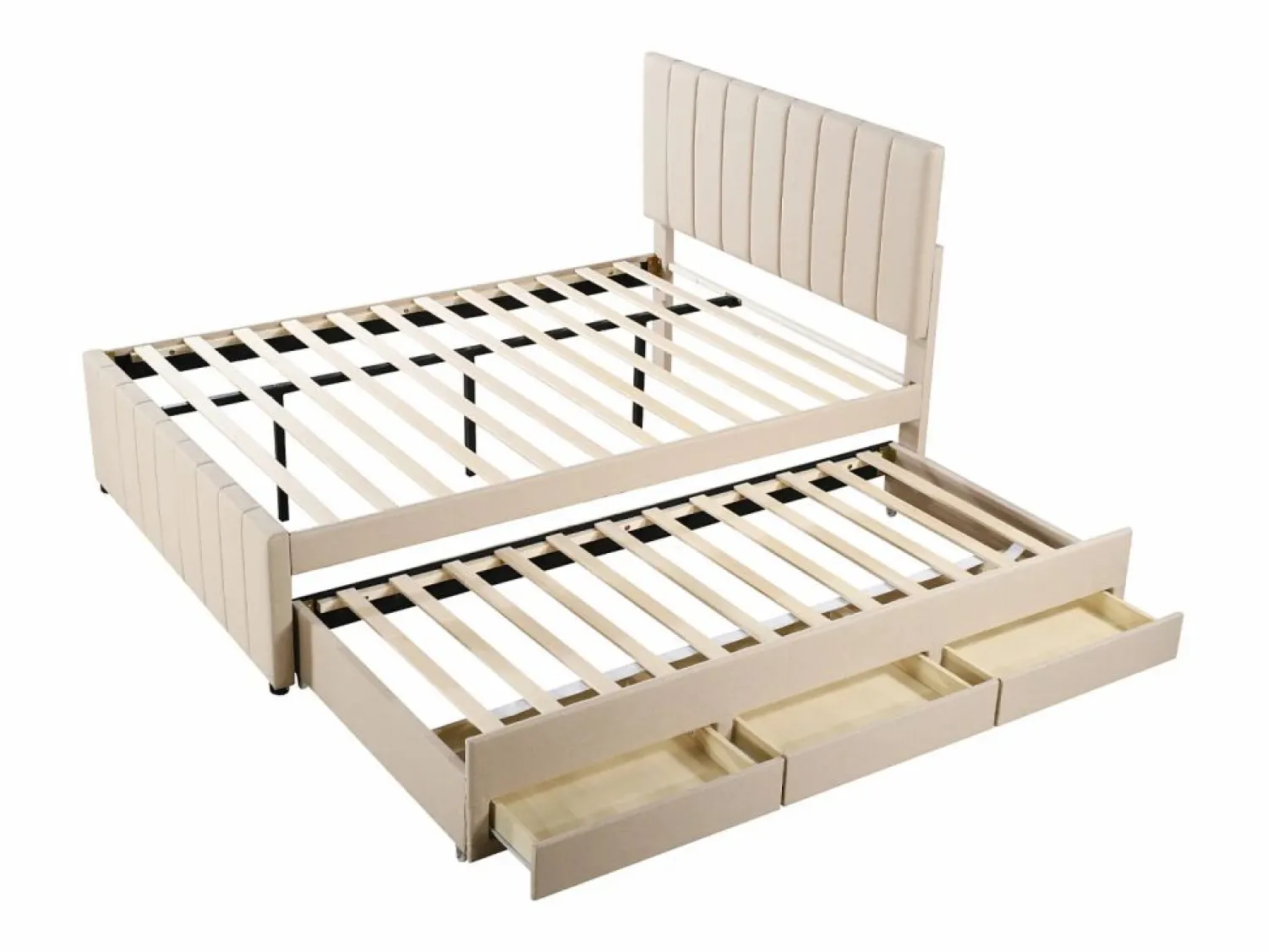 Hot Cama nido 140x200cm+90x190cm, cama con ruedas con 3 cajones, cama tapizada de lino, para niños y jóvenes, Cama Diván