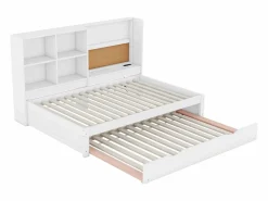 Cama nido 90x200cm+90x190cm, Sofá cama con cabecero con almacenaje y puerto de carga USB,