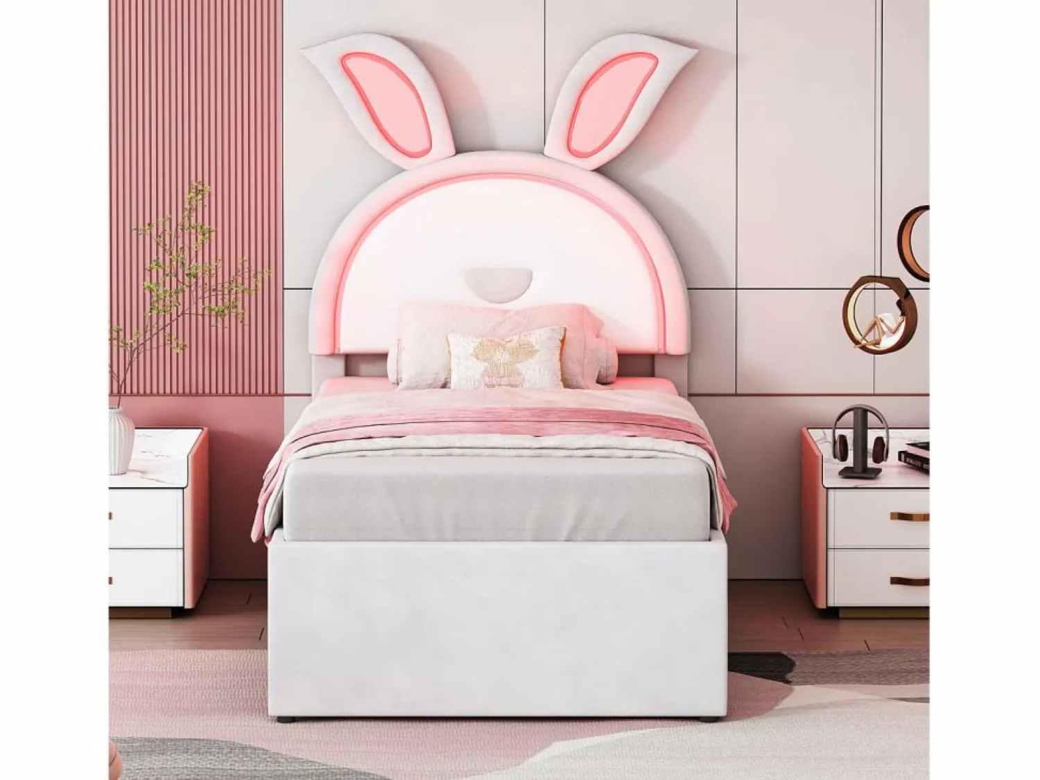 Online Cama nido 90x200+90x190cm, cama infantil acolchada en tejido de terciopelo, con cajón de almacenamiento, cabecero LED con orejas de conejo, Cama Terciopelo|Cama Diván