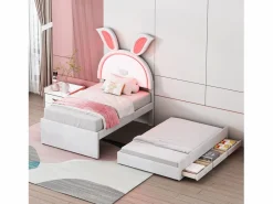 Online Cama nido 90x200+90x190cm, cama infantil acolchada en tejido de terciopelo, con cajón de almacenamiento, cabecero LED con orejas de conejo, Cama Terciopelo|Cama Diván