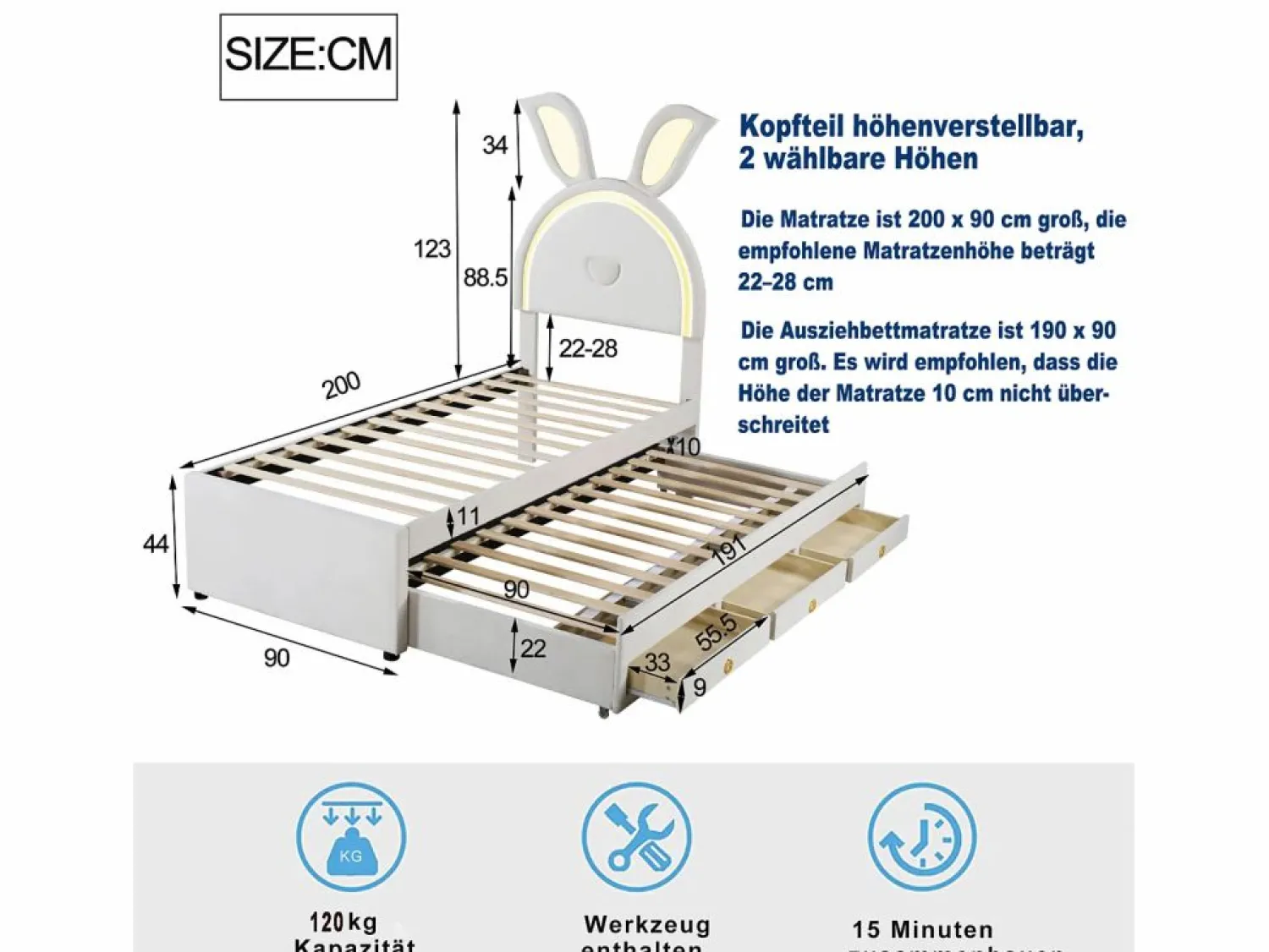 Online Cama nido 90x200+90x190cm, cama infantil acolchada en tejido de terciopelo, con cajón de almacenamiento, cabecero LED con orejas de conejo, Cama Terciopelo|Cama Diván