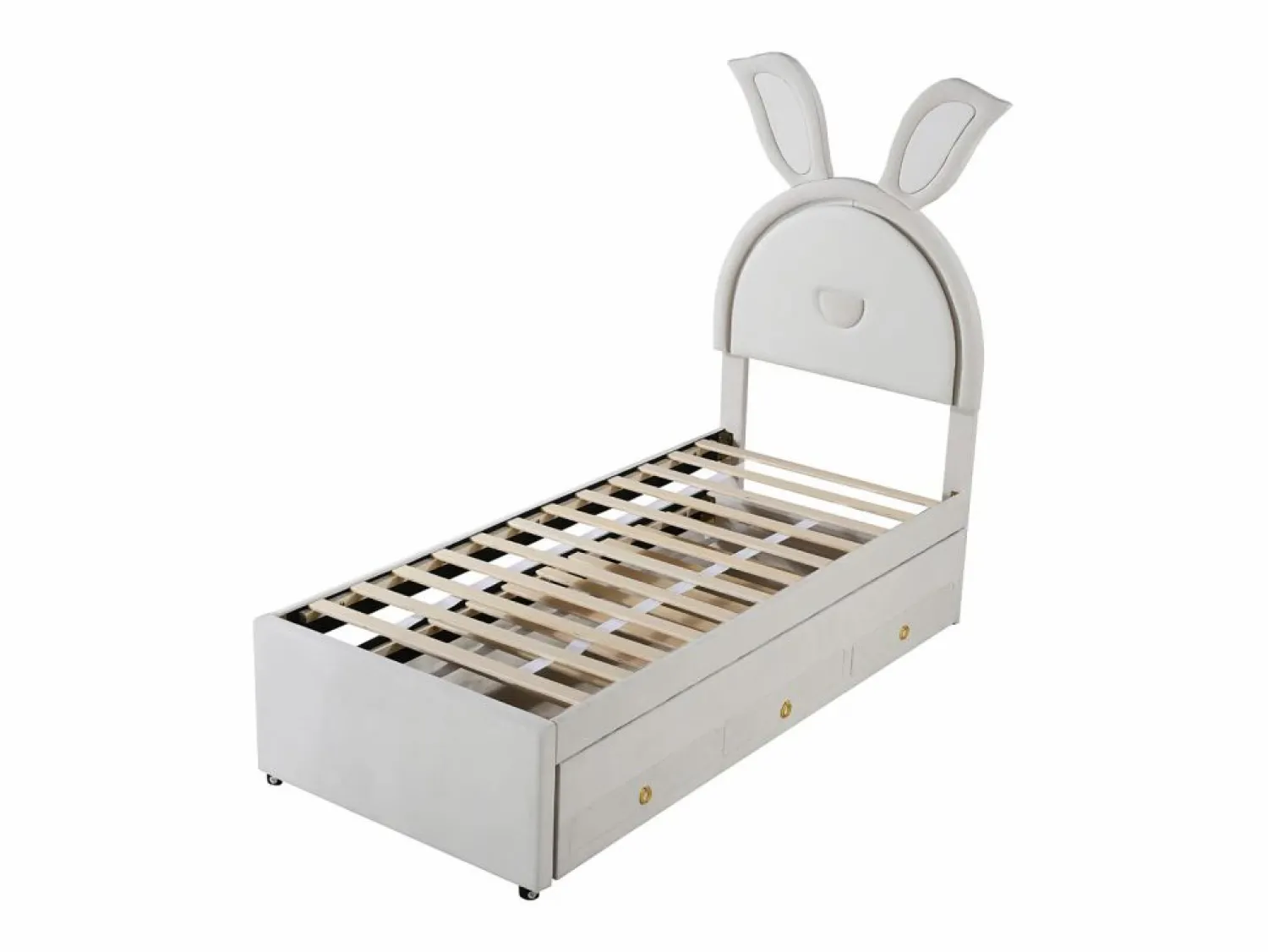 Online Cama nido 90x200+90x190cm, cama infantil acolchada en tejido de terciopelo, con cajón de almacenamiento, cabecero LED con orejas de conejo, Cama Terciopelo|Cama Diván