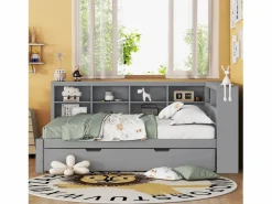 Sale Cama para adulto de 140 x 200 cm - Cama nido con puerto USB y amplio espacio de almacenaje - pino - colchón no incluido Gris