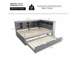Sale Cama para adulto de 140 x 200 cm - Cama nido con puerto USB y amplio espacio de almacenaje - pino - colchón no incluido Gris