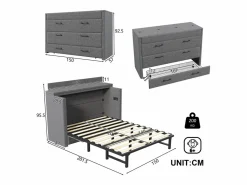 New Cama plegable 140 x 200 cm - 1 cajón - Compartimento de almacenamiento - Puertos USB y Type-C - (colchón no incluido) Cama Abatible