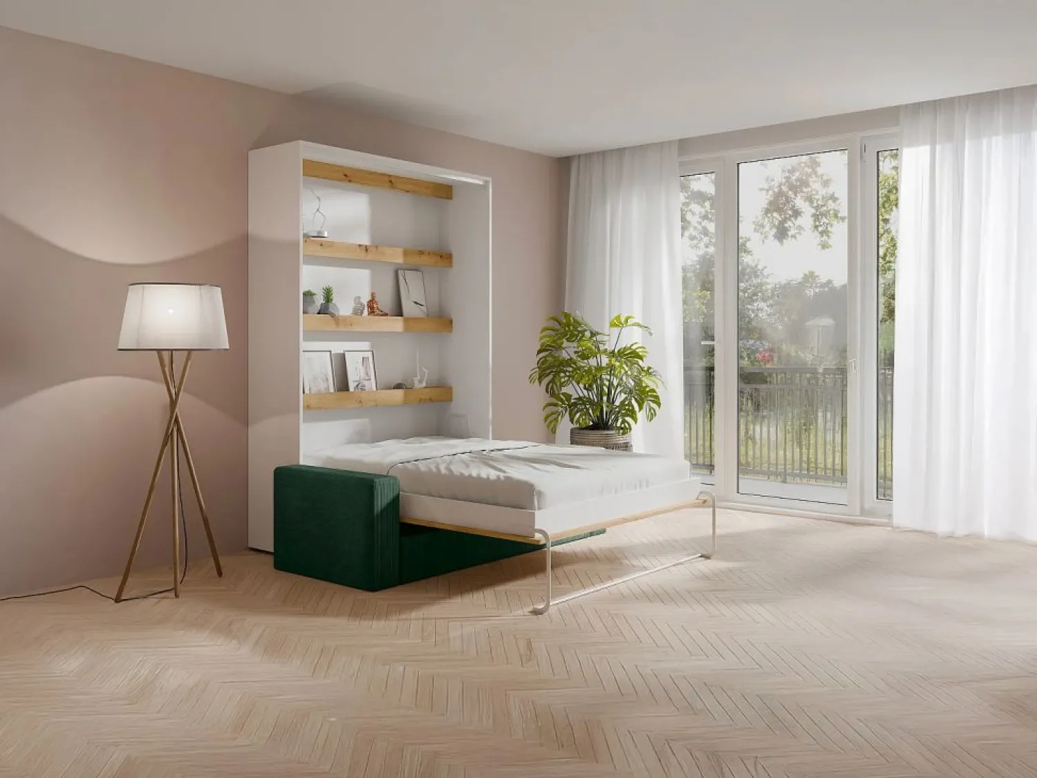 Sale Vente-unique Cama plegable 140 x 200 cm con leds blanco y natural + sofá verde - RAPILI Verde pino / Color natural claro / Blanco