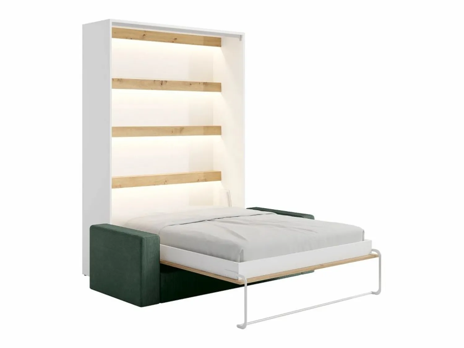 Sale Vente-unique Cama plegable 140 x 200 cm con leds blanco y natural + sofá verde - RAPILI Verde pino / Color natural claro / Blanco