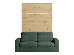 Sale Vente-unique Cama plegable 140 x 200 cm con leds blanco y natural + sofá verde - RAPILI Verde pino / Color natural claro / Blanco