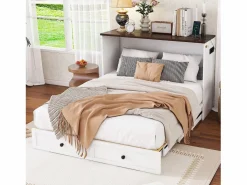Merax Cama plegable 140 x 200 cm con 2 cajones y estante en la cabecera de la cama - Madera de pino y MDF - Toma USB -