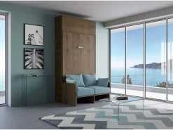 Sale ITAMOBY Cama plegable Kentaro de 120 cm tamaño queen con sofá y mueble de pared de nogal, color azul claro Marru00f3n