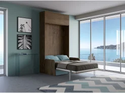 Sale ITAMOBY Cama plegable Kentaro de 120 cm tamaño queen con sofá y mueble de pared de nogal, color azul claro Marru00f3n