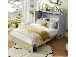Clearance Merax Cama plegable móvil - 140 x 200 cm - con 6 cajones + estante en el cabecero + USB - MDF - Gris