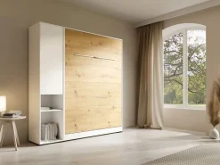 New Cama plegable vertical 140 x 200 cm blanca y natural 1 armario + colchón - RAPILI Cama Abatible