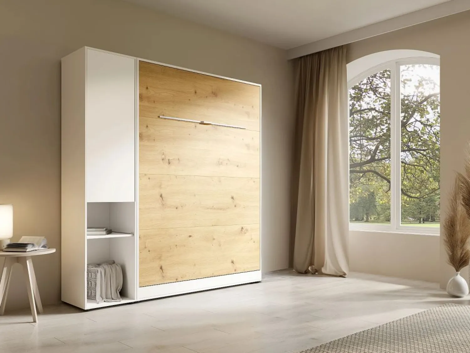 New Cama plegable vertical 140 x 200 cm blanca y natural 1 armario + colchón - RAPILI Cama Abatible