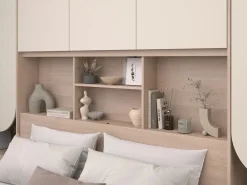Vente-unique Cama puente 140 x 190 cm con almacenamiento y LEDs en beige y natural + somier - DOMELITO