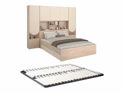 Vente-unique Cama puente 140 x 190 cm con almacenamiento y LEDs en beige y natural + somier - DOMELITO
