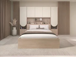 Best Cama puente 160 x 200 cm con almacenamiento y LEDs beige y natural + somier + colchón - DOMELITO Cama Con Almacenaje|Cama Adulto