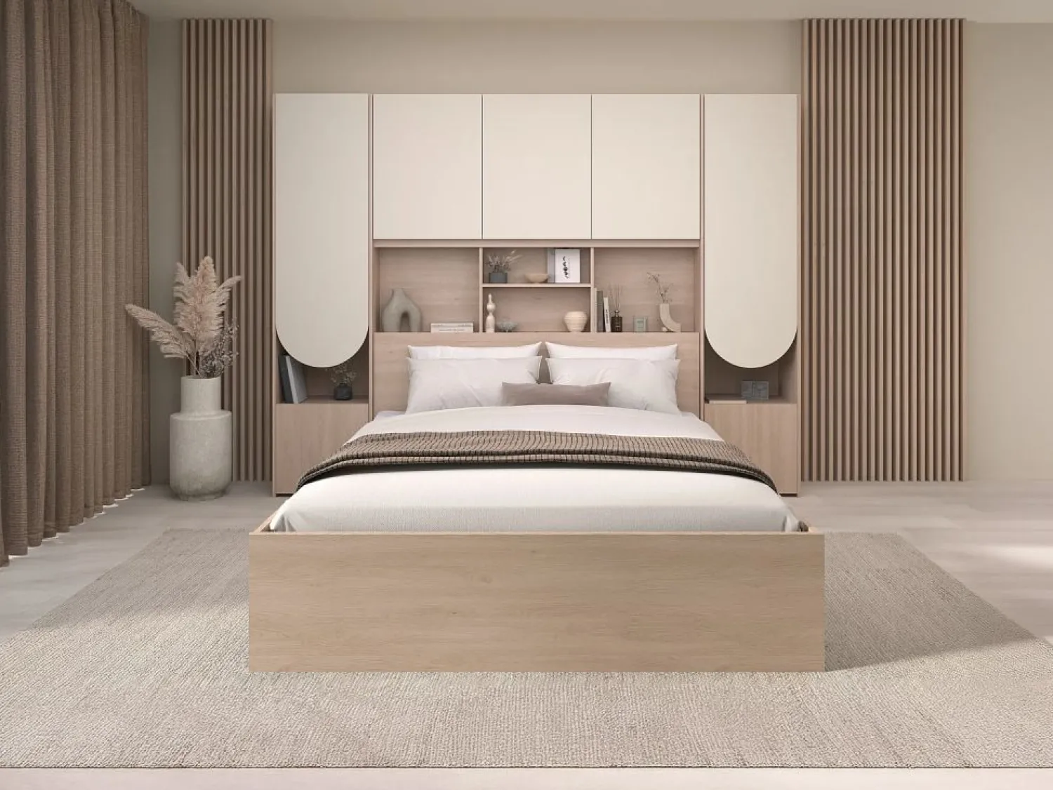 Best Cama puente 160 x 200 cm con almacenamiento y LEDs beige y natural + somier + colchón - DOMELITO Cama Con Almacenaje|Cama Adulto
