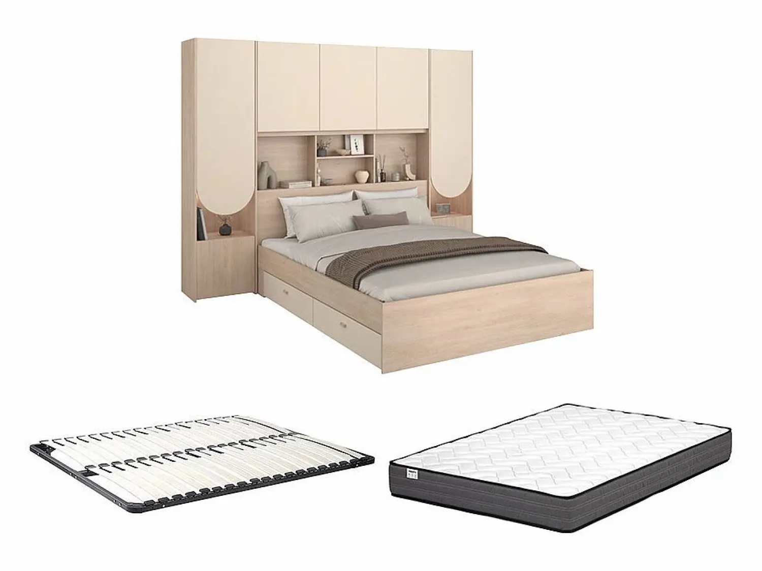 Best Cama puente 160 x 200 cm con almacenamiento y LEDs beige y natural + somier + colchón - DOMELITO Cama Con Almacenaje|Cama Adulto