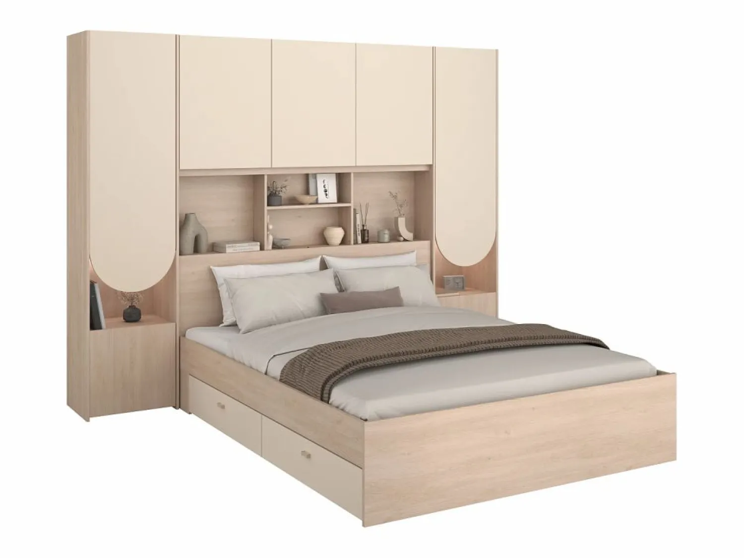 Best Cama puente 160 x 200 cm con almacenamiento y LEDs beige y natural + somier + colchón - DOMELITO Cama Con Almacenaje|Cama Adulto