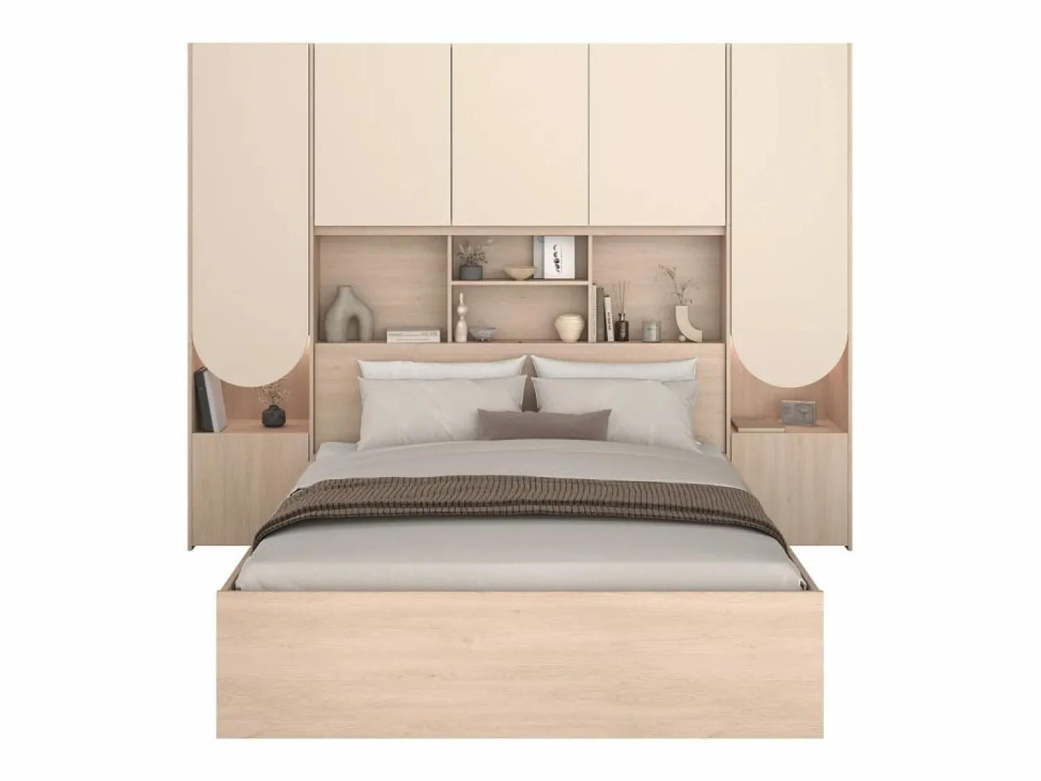 Best Cama puente 160 x 200 cm con almacenamiento y LEDs beige y natural + somier + colchón - DOMELITO Cama Con Almacenaje|Cama Adulto