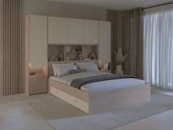 Vente-unique Cama puente 140 x 190 cm con almacenamiento y LEDs beige y natural + somier + colchón - DOMELITO
