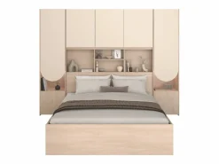 Vente-unique Cama puente 140 x 190 cm con almacenamiento y LEDs beige y natural + somier + colchón - DOMELITO