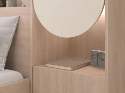Vente-unique Cama puente 140 x 190 cm con almacenamiento y LEDs beige y natural + somier + colchón - DOMELITO