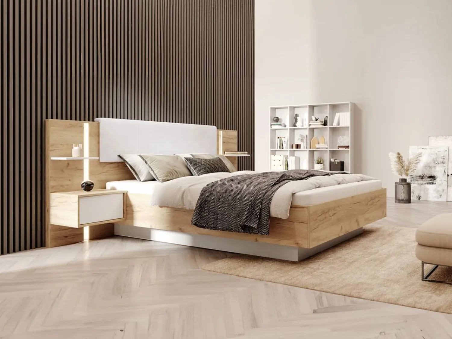 Hot Vente-unique Cama queen size 160 x 200 cm con mesitas de noche LEDs en natural y blanco + somier + colchón - ELYNIA Color natural claro / Blanco
