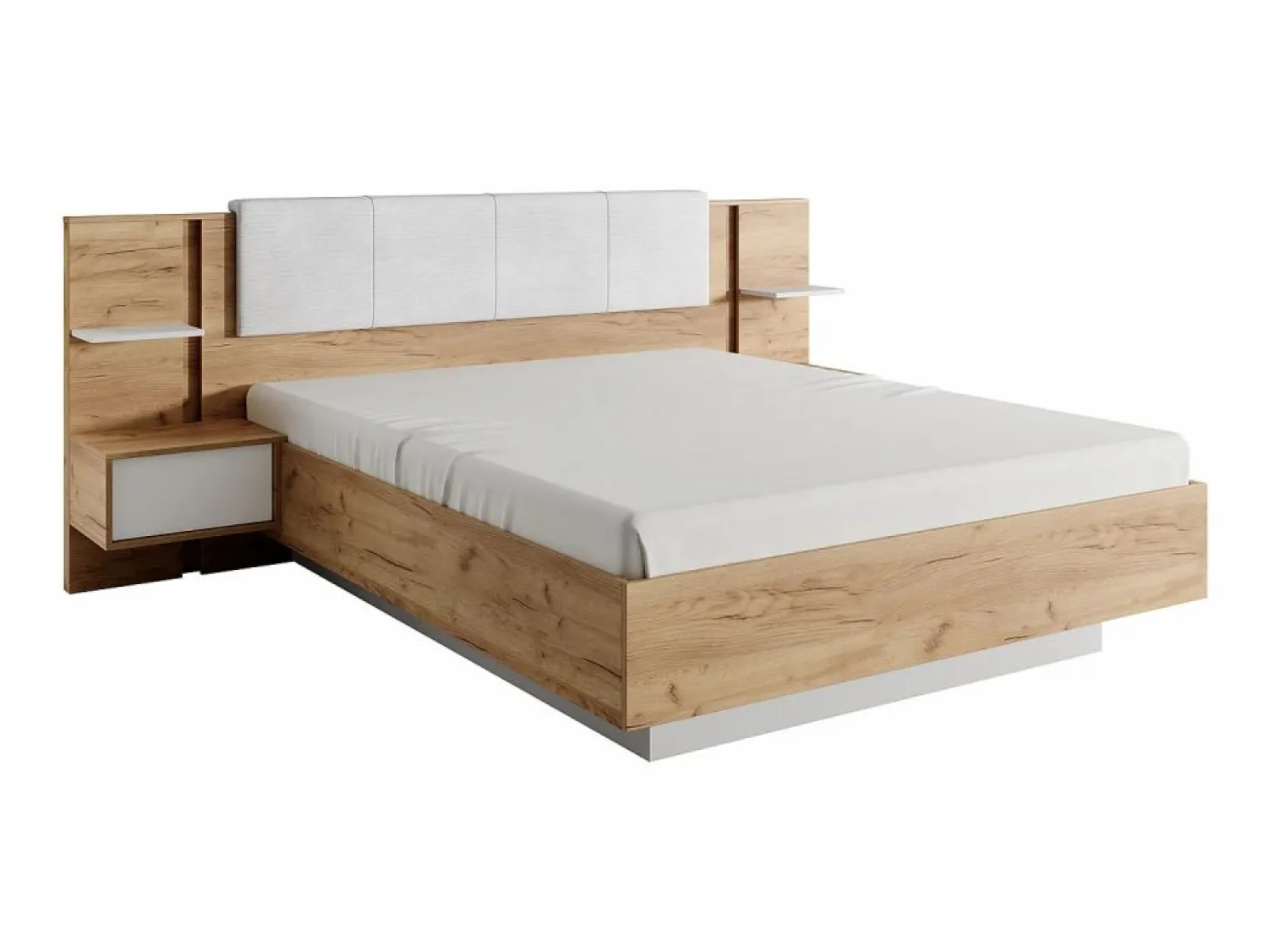 Hot Vente-unique Cama queen size 160 x 200 cm con mesitas de noche LEDs en natural y blanco + somier + colchón - ELYNIA Color natural claro / Blanco