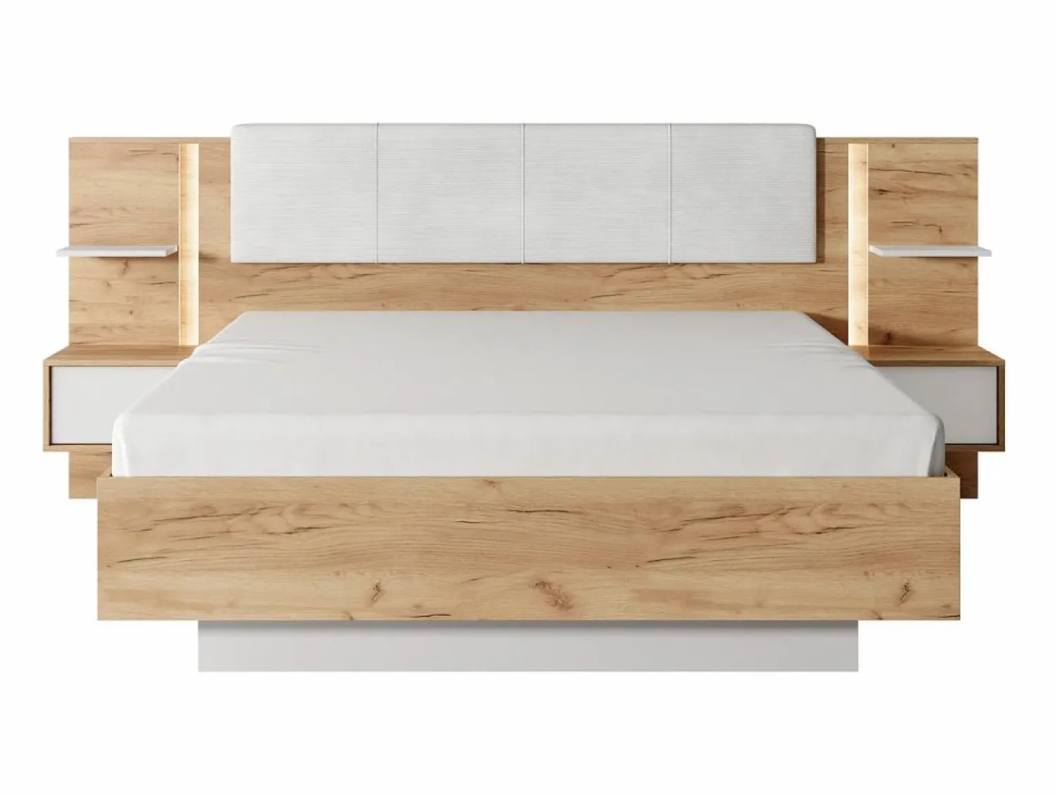 Hot Vente-unique Cama queen size 160 x 200 cm con mesitas de noche LEDs en natural y blanco + somier + colchón - ELYNIA Color natural claro / Blanco