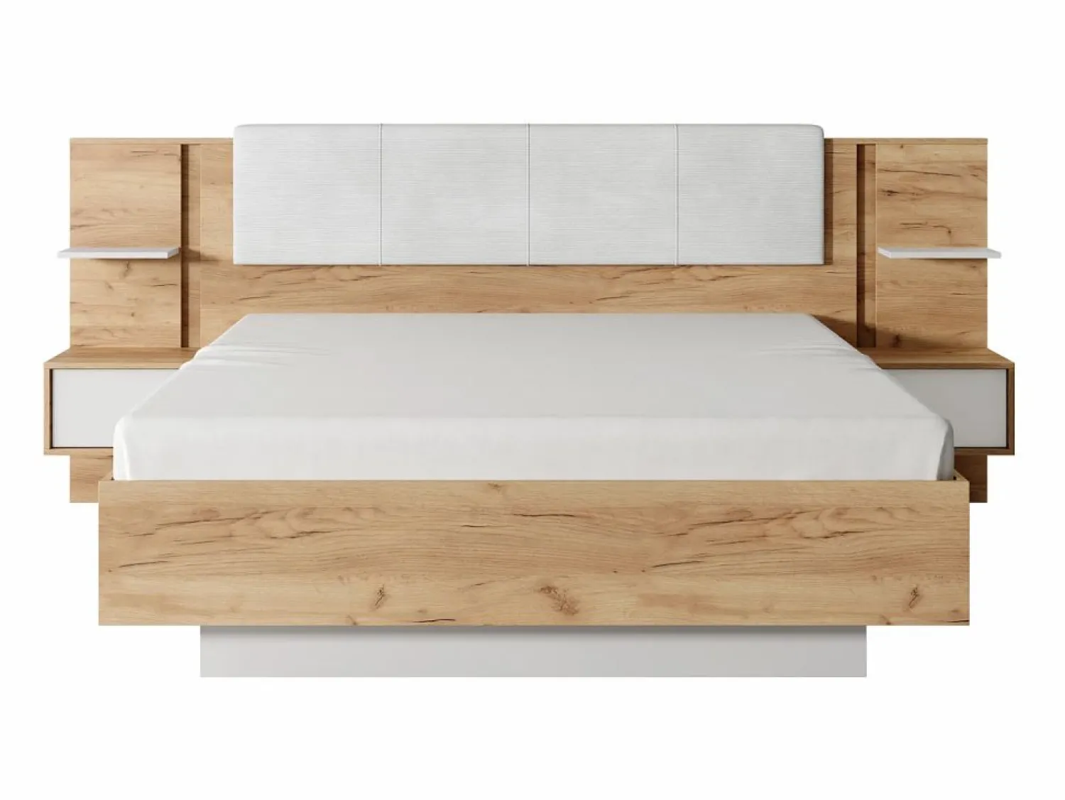 Hot Vente-unique Cama queen size 160 x 200 cm con mesitas de noche LEDs en natural y blanco + somier + colchón - ELYNIA Color natural claro / Blanco