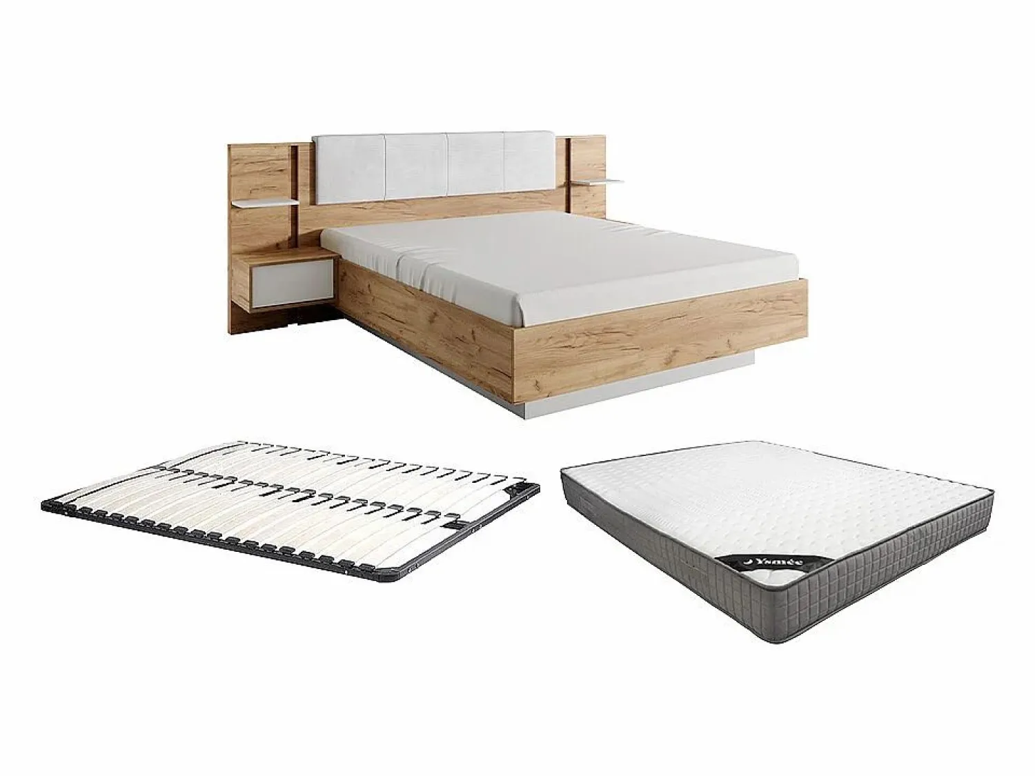 Hot Vente-unique Cama queen size 160 x 200 cm con mesitas de noche LEDs en natural y blanco + somier + colchón - ELYNIA Color natural claro / Blanco