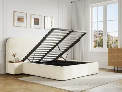 Cama queen size con almacenaje, mesitas de noche de tela bouclé blanca y colchón - ESTERIA by Cama Con Canapé