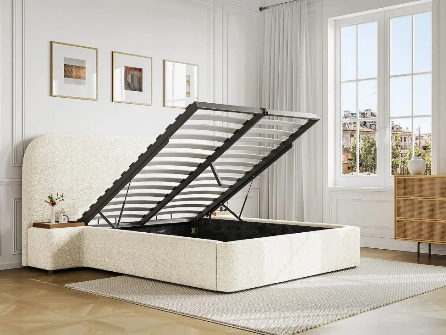 Cama queen size con almacenaje, mesitas de noche de tela bouclé blanca y colchón - ESTERIA by Cama Con Canapé