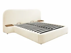 Cama queen size con almacenaje, mesitas de noche de tela bouclé blanca y colchón - ESTERIA by Cama Con Canapé