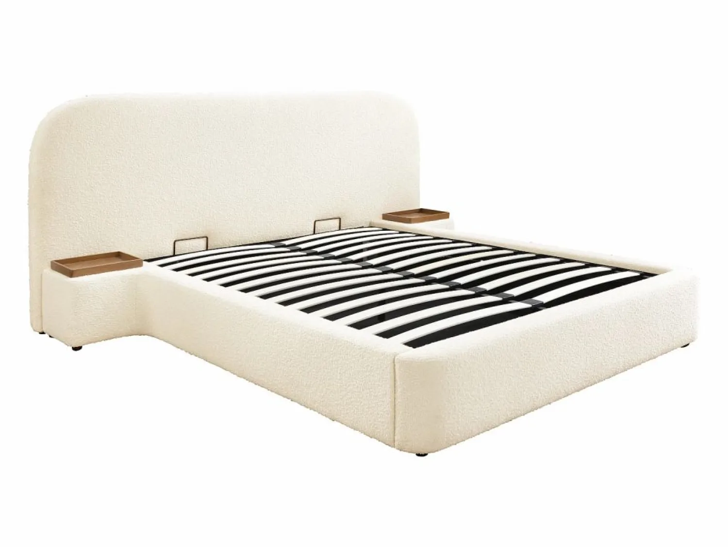 Cama queen size con almacenaje, mesitas de noche de tela bouclé blanca y colchón - ESTERIA by Cama Con Canapé