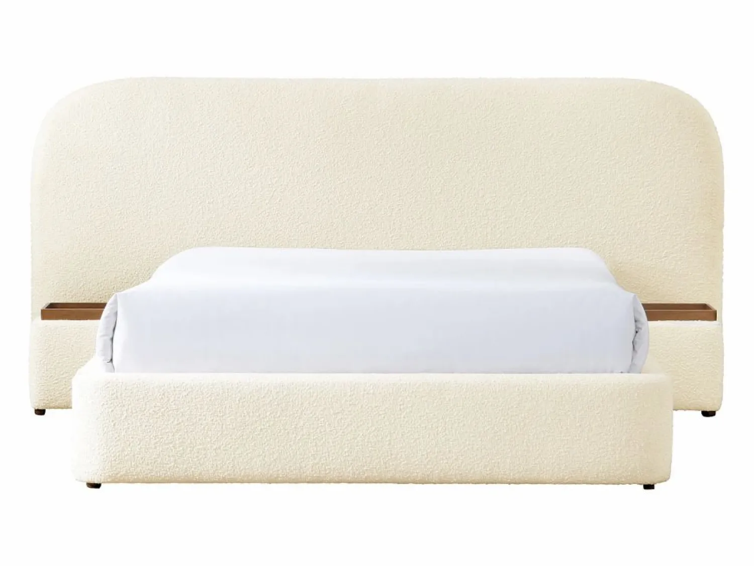 Cama queen size con almacenaje, mesitas de noche de tela bouclé blanca y colchón - ESTERIA by Cama Con Canapé