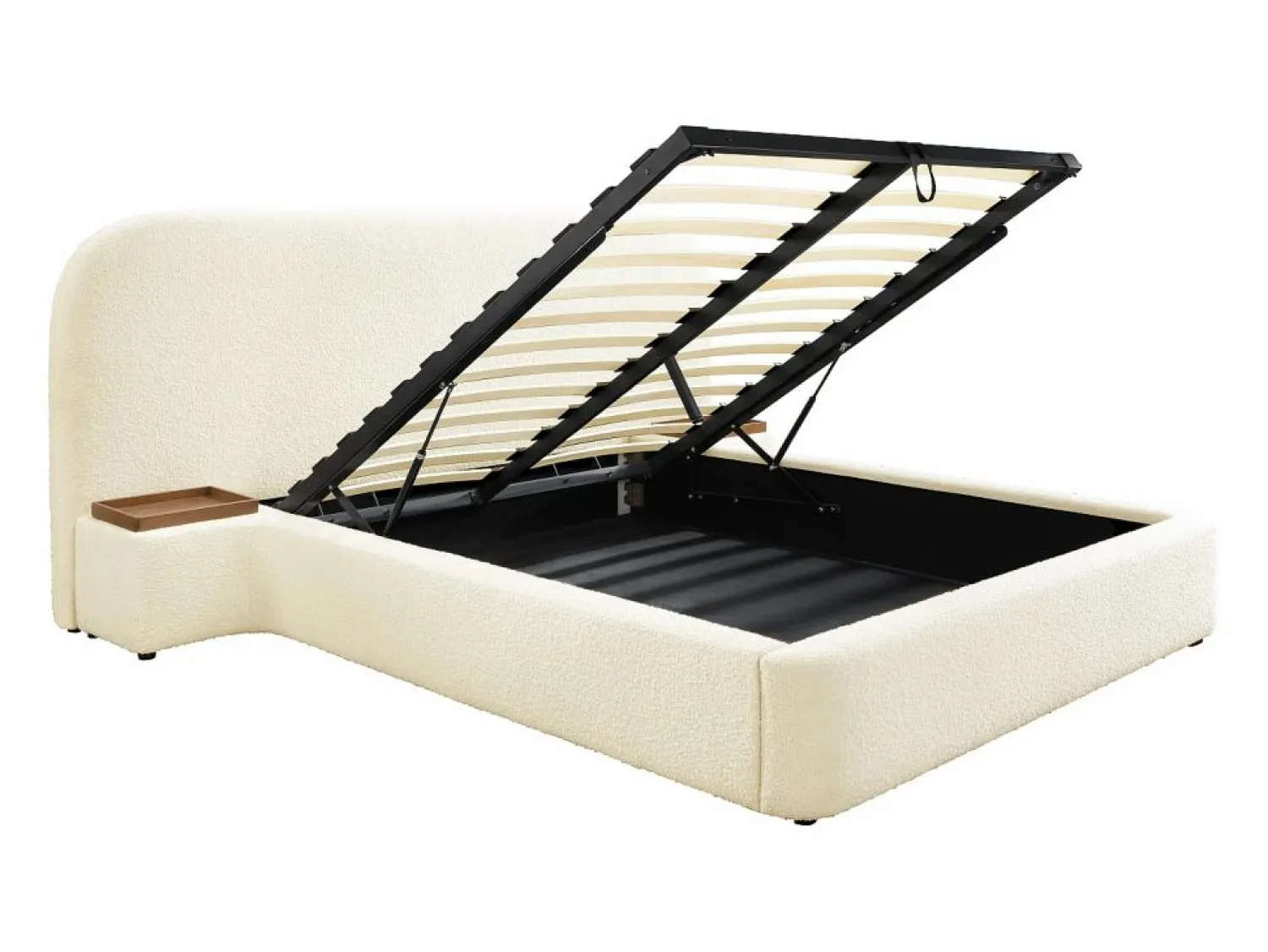 Cama queen size con almacenaje, mesitas de noche de tela bouclé blanca y colchón - ESTERIA by Cama Con Canapé