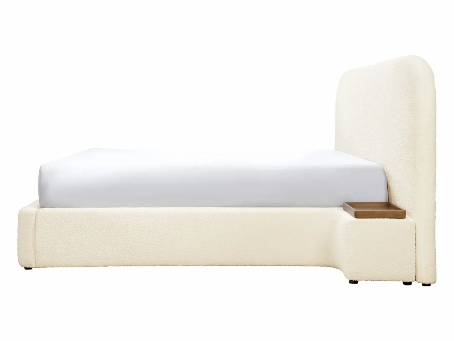Cama queen size con almacenaje, mesitas de noche de tela bouclé blanca y colchón - ESTERIA by Cama Con Canapé