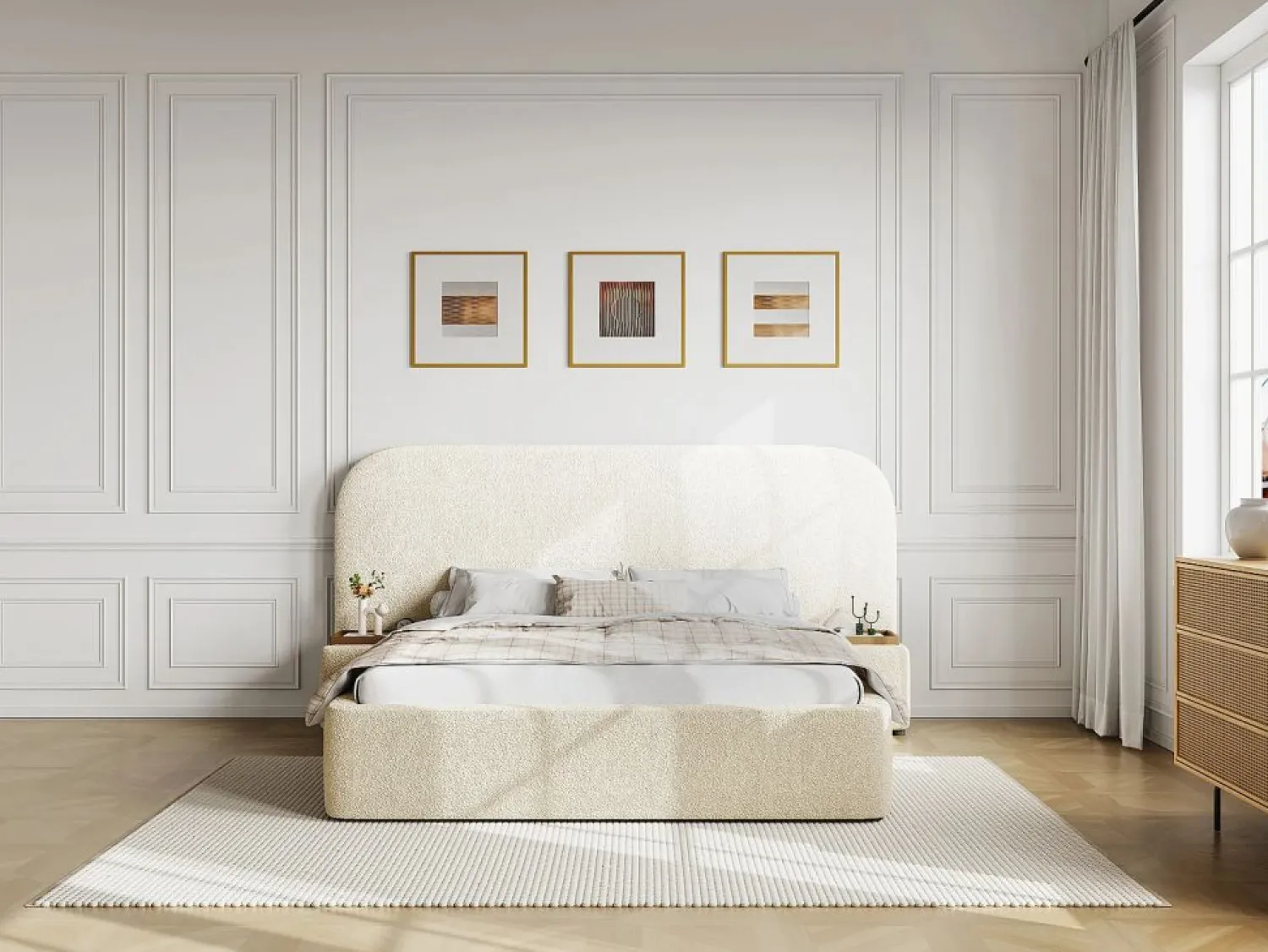 Cama queen size con almacenaje, mesitas de noche de tela bouclé blanca y colchón - ESTERIA by Cama Con Canapé