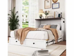 New ModernLuxe Cama retráctil de madera 140x200 cm - con tomas USB y almacenamiento - Blanco
