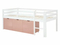 Best Cama semielevada 90 x 190 cm con almacenamiento en pino y mdf blanco y rosa - LANIORI Cama Con Almacenaje